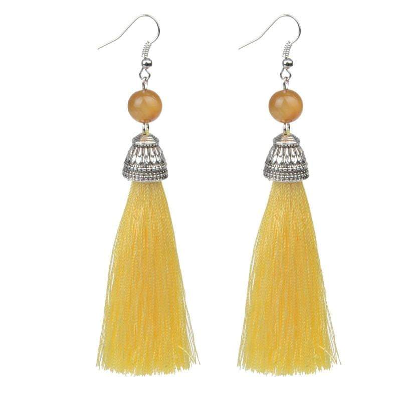 Silk Pale Yellow Tassel & Lava Stone Earrings - G x G Collective